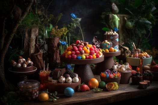 A chocolate and candy buffet bar at a magical forest party (generative AI)
