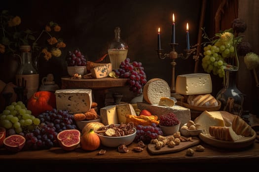 Treat yourself to a wine & cheese feast in a rustic underground cellar (generative AI)
