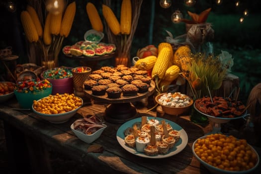 Step right up and fill your plates with the fun and whimsy of a carnival-themed buffet in a playful and colorful park setting (generative AI)