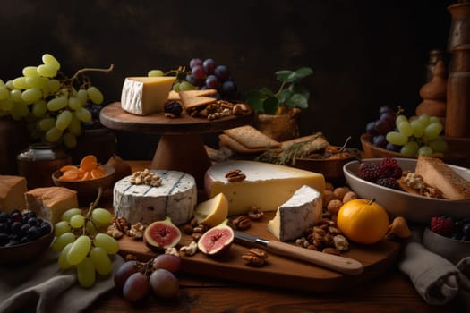 A buffet of artisanal cheeses at a wine tasting event (generative AI)