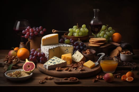 A cheese and wine buffet with a variety of pairings (generative AI)