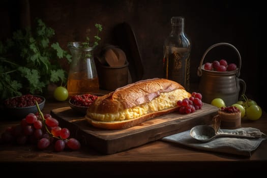 A classic breakfast favorite - a fluffy omelette filled with crispy bacon and melted cheese (generative AI)