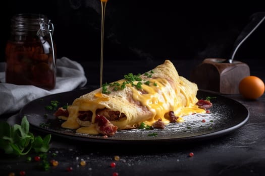 A classic breakfast favorite - a fluffy omelette filled with crispy bacon and melted cheese (generative AI)