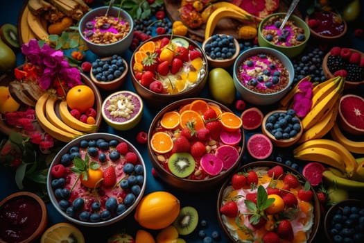 A colorful fruit buffet at a tropical pool party (generative AI)