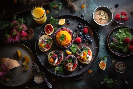 Feast on a colorful and vegan selection of tapas while enjoying the scenery at a chic rooftop bar (generative AI)