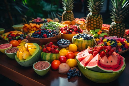 A colorful fruit buffet beside a pool (generative AI)
