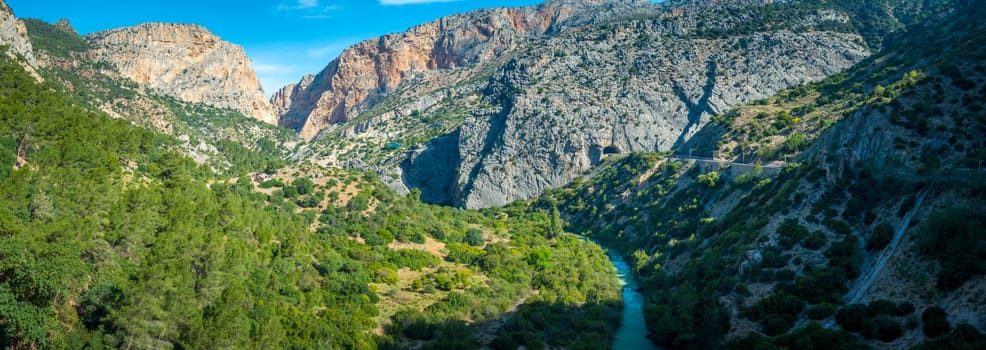 Landscape of El Chorro, near Ardales with river Guadalhorce, in the province of Málaga, Spain where the famous hike is located.