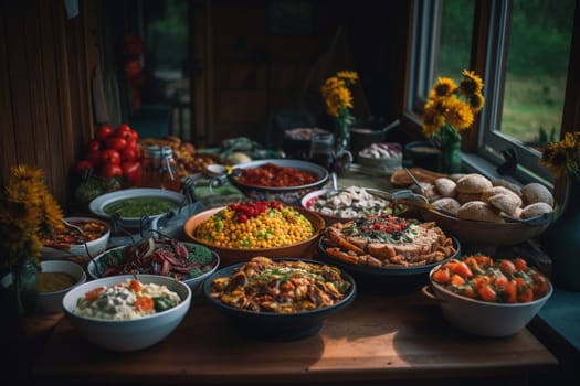 A colorful BBQ buffet at a backyard party (generative AI)