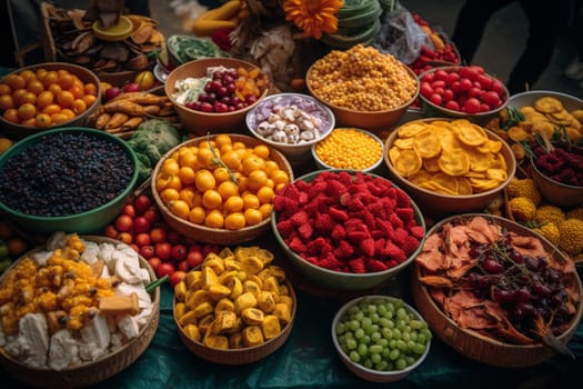 A vibrant buffet of street snacks in a bustling city park (generative AI)
