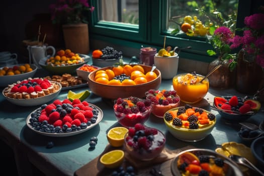 A colorful brunch buffet in a garden (generative AI)