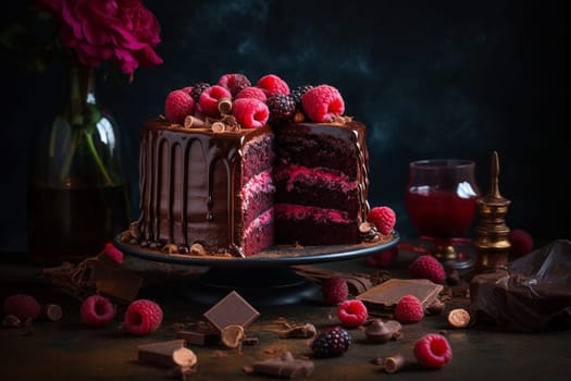 A rich and indulgent chocolate cake filled with tangy raspberry goodness (generative AI)