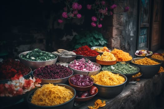 A vibrant buffet of street snacks in a bustling city park (generative AI)