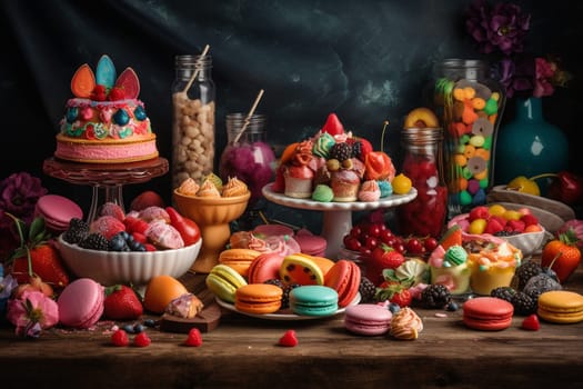 A colorful candy buffet with sweets and desserts (generative AI)