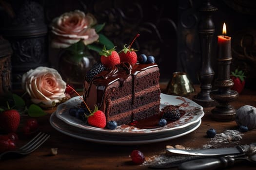 Indulge in a sinfully delicious slice of chocolate cake in a cozy and romantic bistro (generative AI)