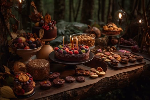 A chocolate and candy buffet bar at a magical forest party (generative AI)