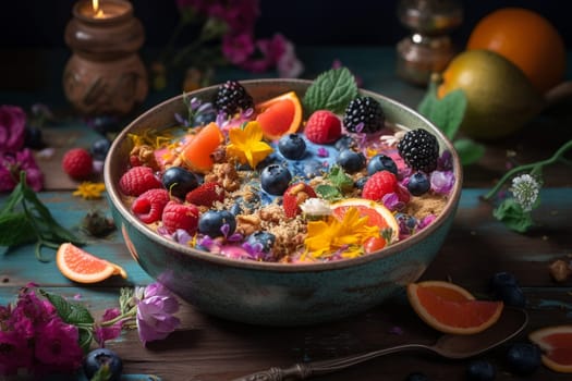 A bright and tasty breakfast smoothie bowl with fresh fruits and granola toppings (generative AI)