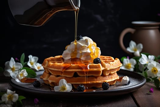A crispy waffle with whipped cream and syrup (generative AI)