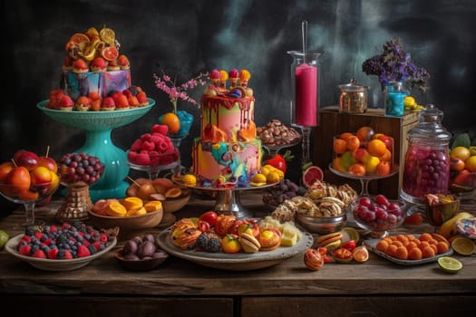 A colorful candy buffet with sweets and desserts (generative AI)
