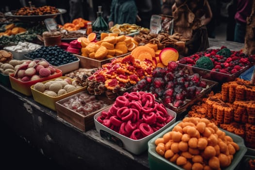 A vibrant buffet of street snacks in a bustling city park (generative AI)