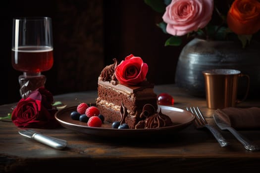 Indulge in a sinfully delicious slice of chocolate cake in a cozy and romantic bistro (generative AI)