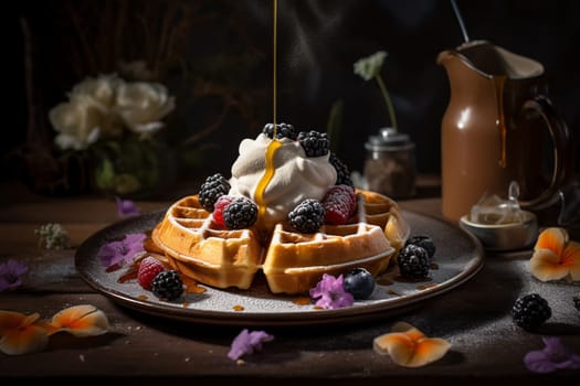 A crispy waffle with whipped cream and syrup (generative AI)