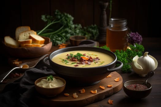 A warm and comforting bowl of potato soup topped with crispy bacon bits (generative AI)