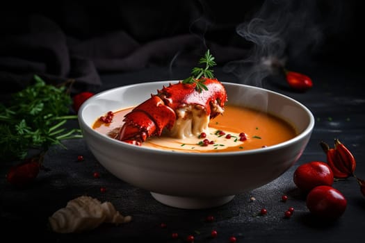 Treat yourself to an elegant seafood dish such as a creamy lobster bisque served in a fancy restaurant with exceptional service (generative AI)