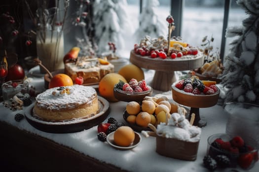 A festive holiday buffet in the snow (generative AI)