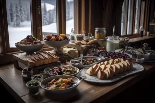 A festive holiday buffet in a ski resort (generative AI)
