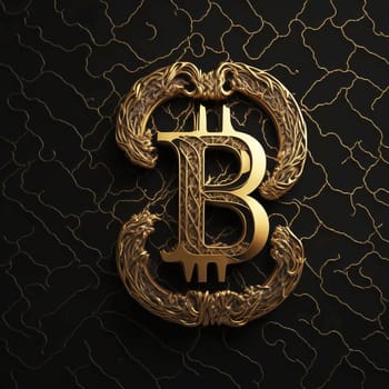 Luxurious bitcoin logo with golden patterns and black background.-
