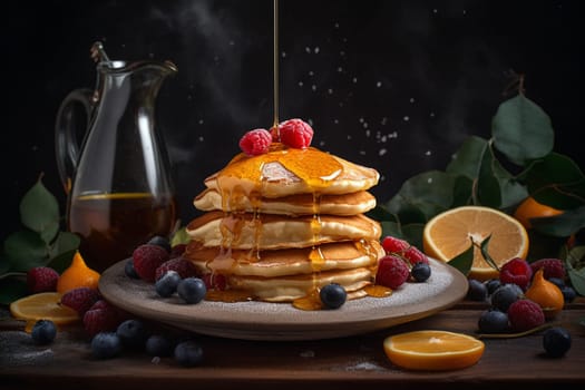 A fluffy stack of pancakes with warm maple syrup (generative AI)