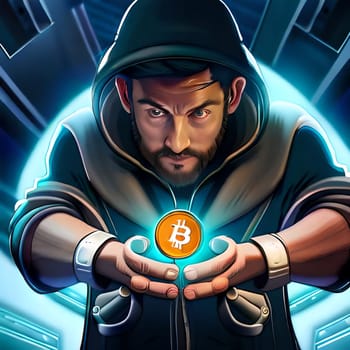 Conceptual image of a hacker who owns bitcoin.