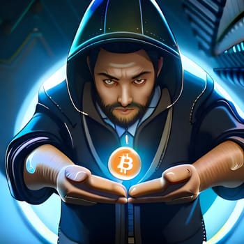 Conceptual image of a hacker who owns bitcoin.-
