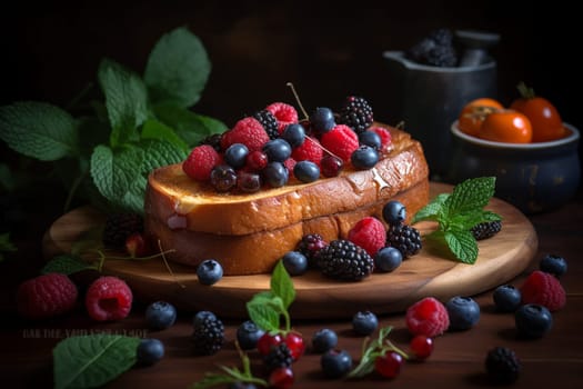 A warm and sugary French toast bake with cinnamon and maple syrup flavors (generative AI)