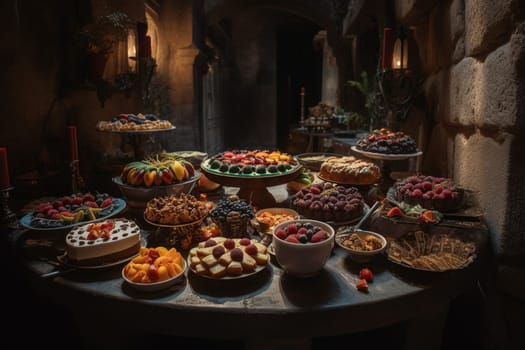 A dessert buffet in a castle courtyard during a Renaissance festival (generative AI)