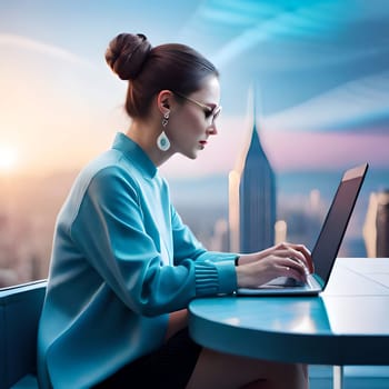 Businesswoman on a yacht with his laptop making transactions.-