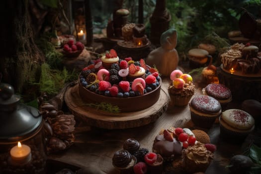 A dessert buffet in a magical forest with glowing trees and fairy lights (generative AI)