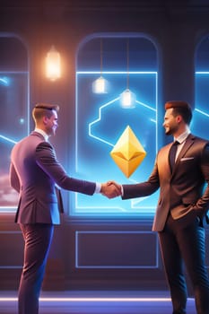 Businessmen shaking hands because they have closed a deal with ethereum smart contracts (AI Generative).-