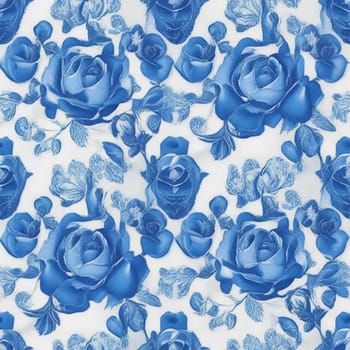 Symmetrical blue and white roses pattern style.-