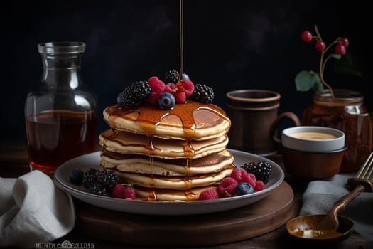 A fluffy stack of pancakes with warm maple syrup (generative AI)