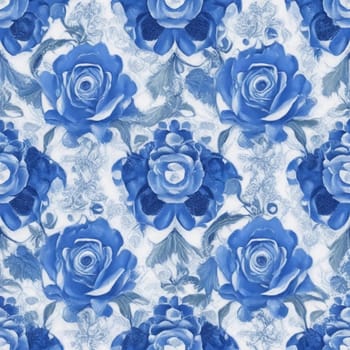 Symmetrical blue and white roses pattern style.-