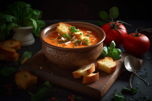 A hearty bowl of creamy tomato soup with croutons (generative AI)