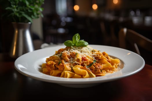 A hearty Italian pasta dish in a cozy trattoria (generative AI)