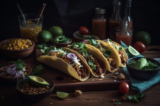A fusion buffet of BBQ and tacos on a trendy rooftop bar (generative AI)