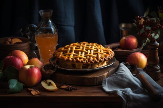 Wrap up your Thanksgiving or Christmas dinner with a warm, flaky apple pie topped with a scoop of vanilla ice cream (generative AI)