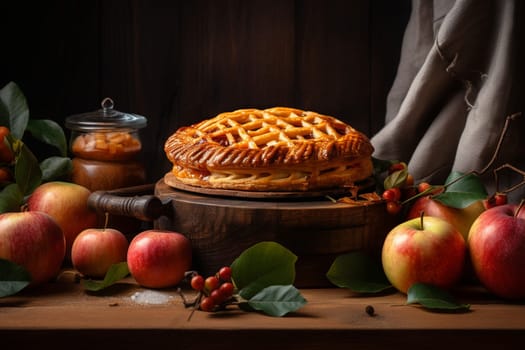 Wrap up your Thanksgiving or Christmas dinner with a warm, flaky apple pie topped with a scoop of vanilla ice cream (generative AI)