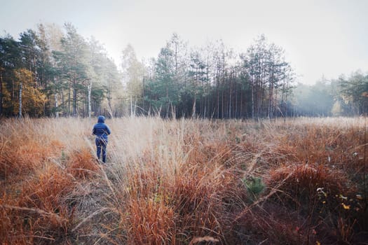 Woman walking through a meadow toward a forest. Forest in autumn season. Colorful foliage on trees lit by morning sunlight. Natural nature forest landscape in autumn warm sunlight day. Real people, authentic situations