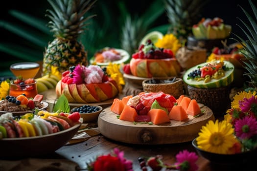 Indulge in the flavors and traditions of Hawaii as you dine on a tropical beach surrounded by the sound of crashing waves (generative AI)