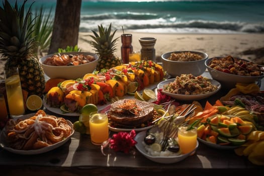 Indulge in the flavors and traditions of Hawaii as you dine on a tropical beach surrounded by the sound of crashing waves (generative AI)