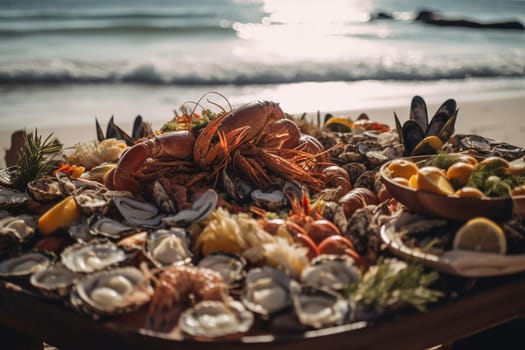Experience a luxurious buffet with the finest seafood delicacies, toes in the sand on a private beach oasis (generative AI)
